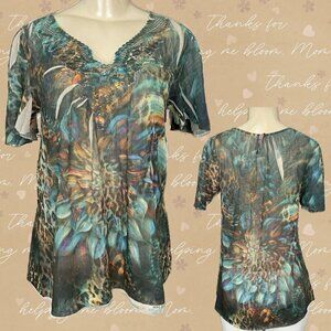 Mushka By Sienna Rose Sheer Floral Animal Print Split Lace Neck Short Sleeve Top